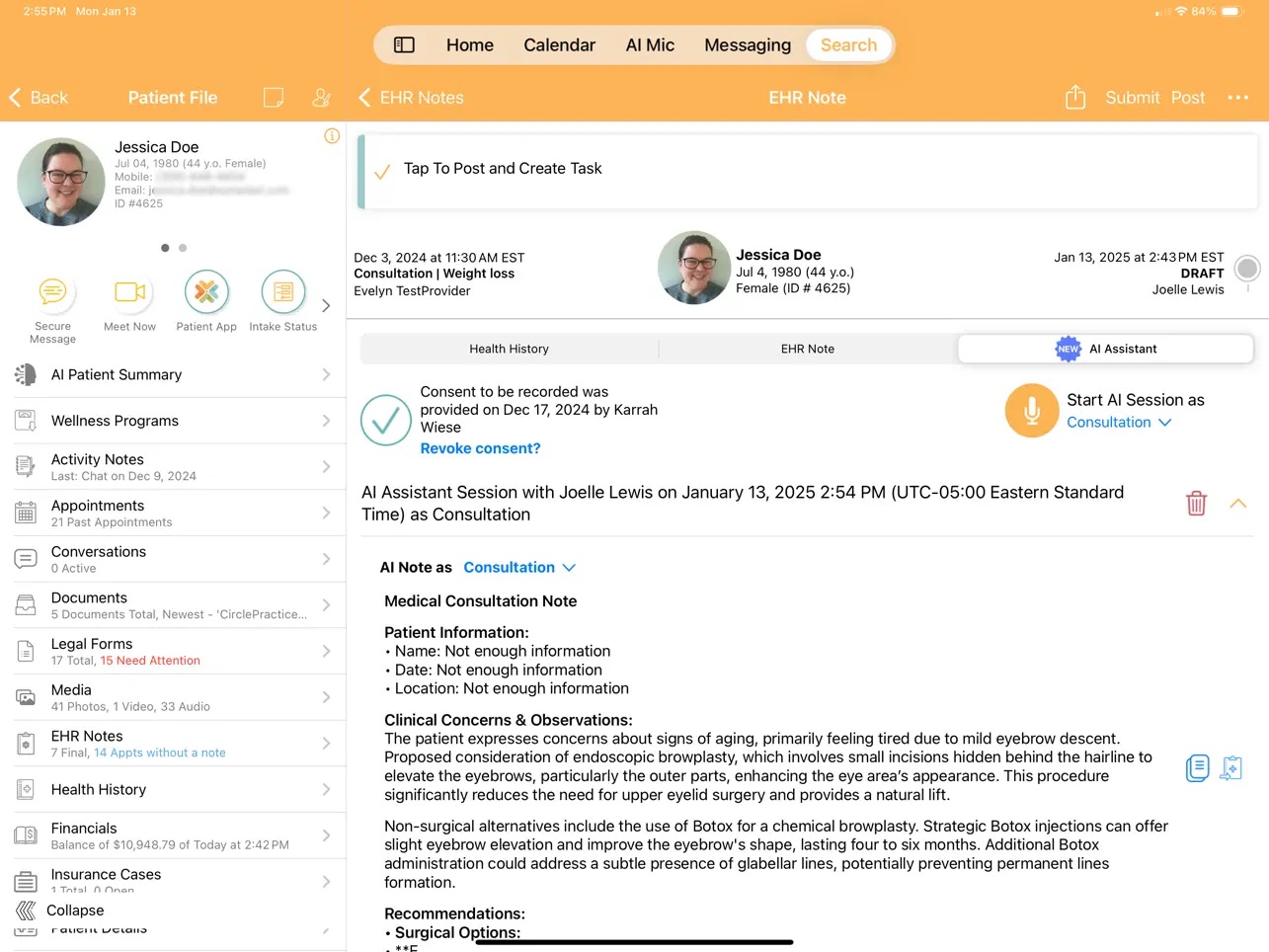 Symplast on iPad — consultation notes